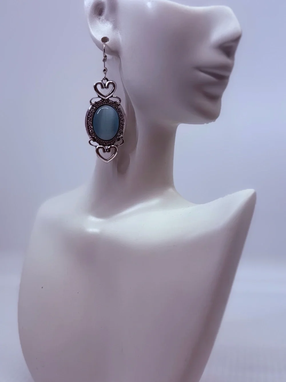 Silver-Tone Teal Cabochon Heart Dangle Earrings